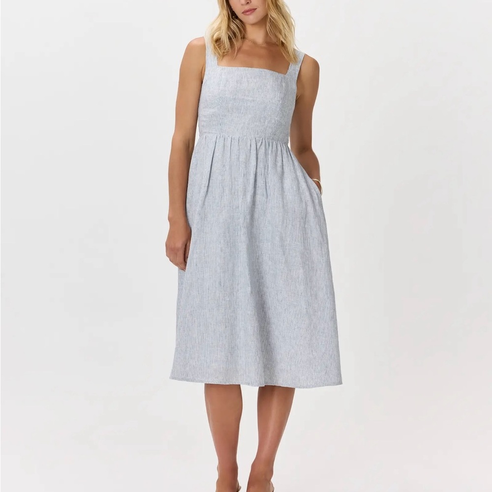 Linen Fit and Flare Blue Pinstripe Dress
